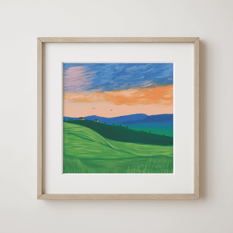 Eider Soundscape - Sunset Bliss over Rolling Hills and Distant Mountains Fine Art Print - earth.fm