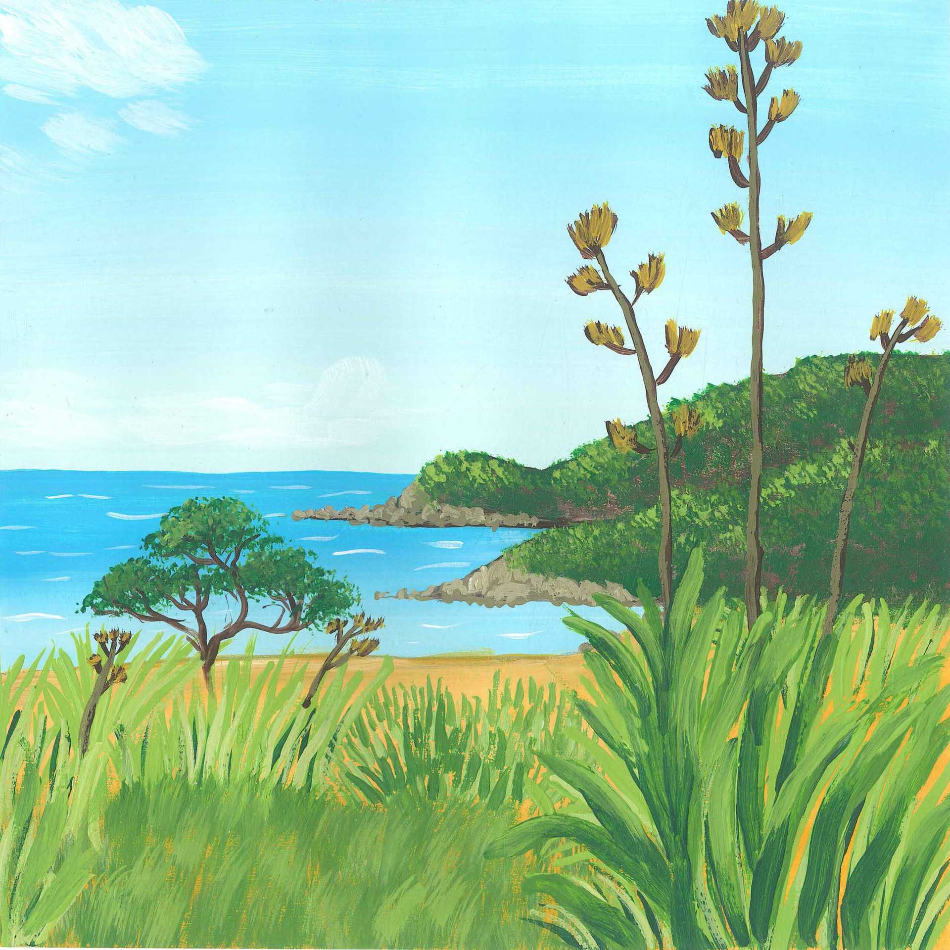 Tawharanui Morning - nature landscape painting - earth.fm