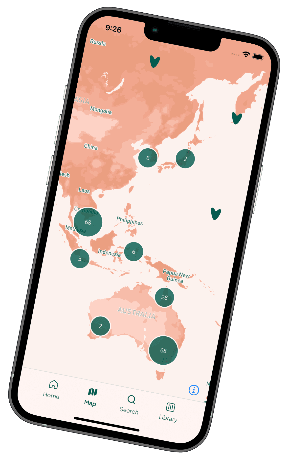 A mobile phone displaying the sound map page of Earth.fm app