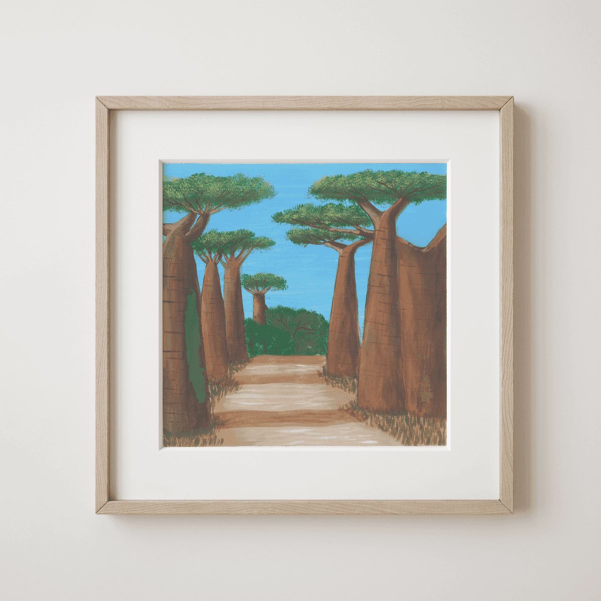 Nature and wildlife sounds – dawn in the South African bush - Pathway Under the Baobab Sentinels Fine Art Print - nature soundscape art - earth.fm
