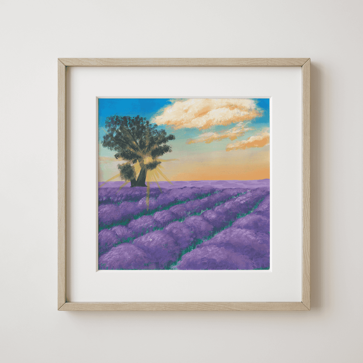British Woodland in Spring - Sunset Serenity over Lavender Fields and Solitary Tree Fine Art Print - earth.fm