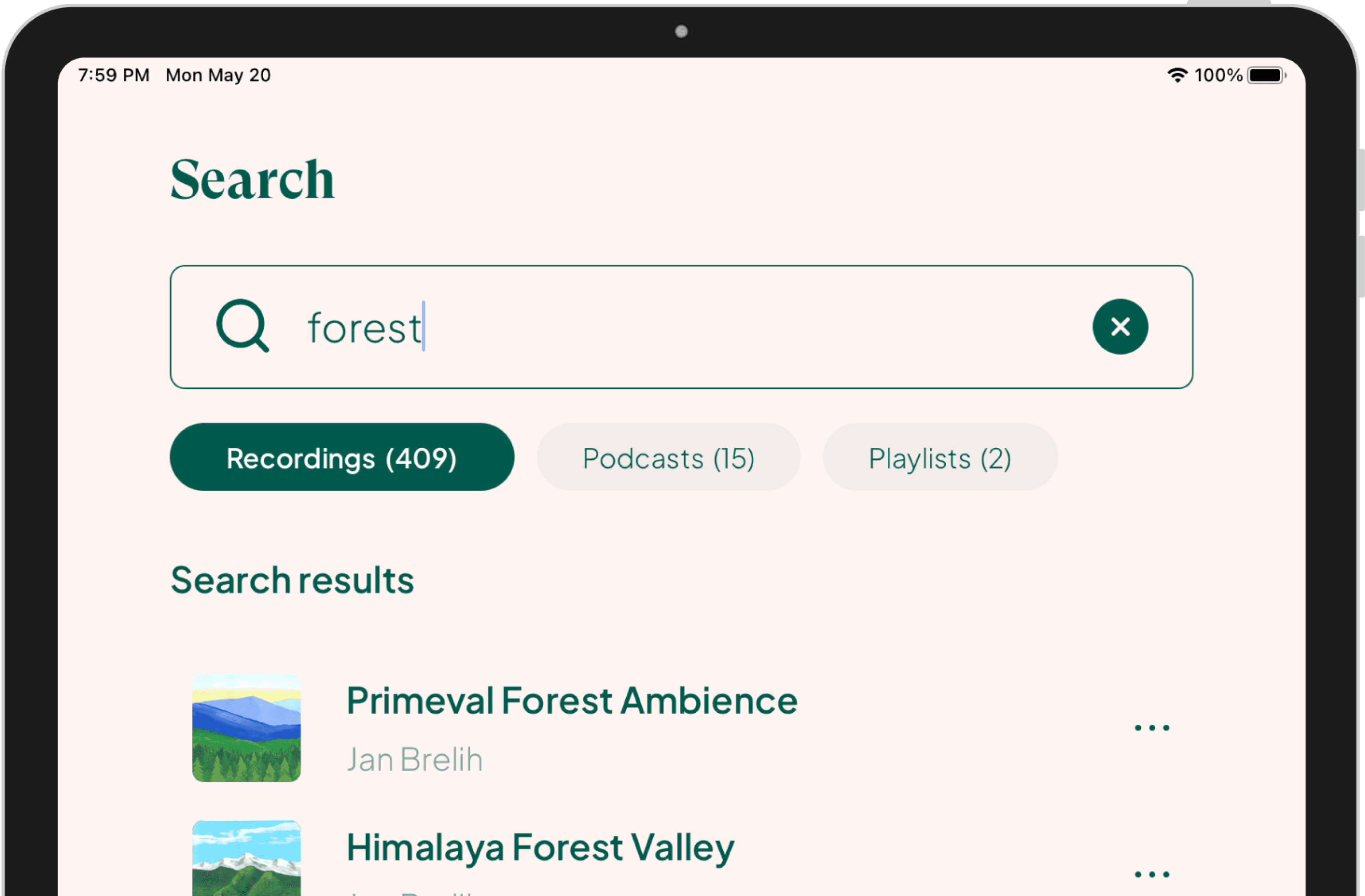 An iPad displaying the Earth.fm app's search page with keyword, forest on its search field