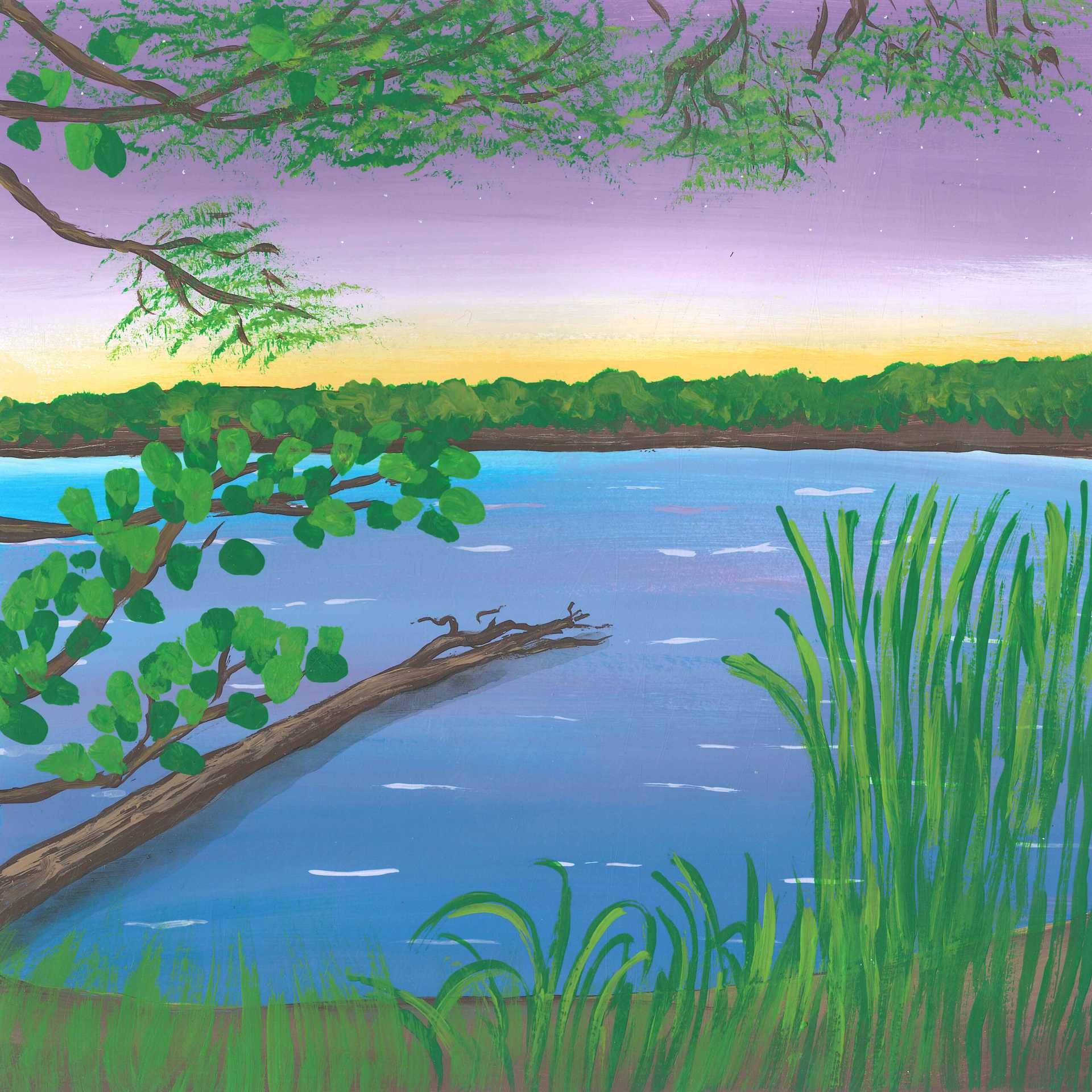 Early Morning by the Pond with Birds, Frogs and Beavers - nature landscape painting - earth.fm