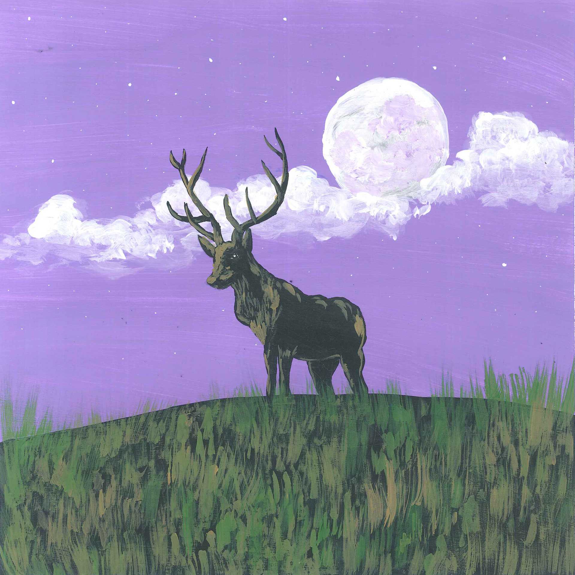 Iberian Red Deer in the Night - nature landscape painting - earth.fm