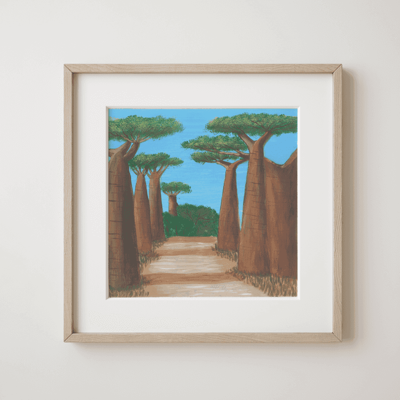 Nature and wildlife sounds – dawn in the South African bush - Pathway Under the Baobab Sentinels Fine Art Print - earth.fm