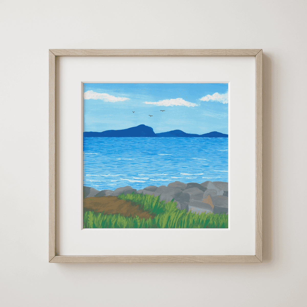 Gentle Ocean Waves on Rocks - Seaside Calm with Distant Hills and Flying Birds Fine Art Print - earth.fm