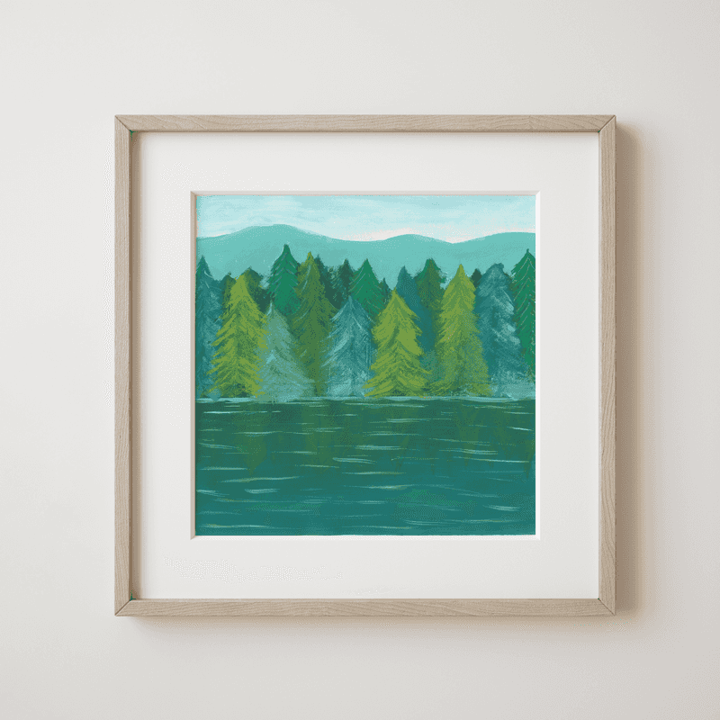 Ancient Forest - Quiet Lake with Whispering Pines and Distant Hills Fine Art Print - earth.fm