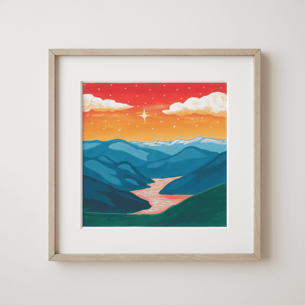 Dusk by the river in the Amazon rainforest - Twilight Warmth over River Valley and Blue Ridges Fine Art Print - nature soundscape art - earth.fm