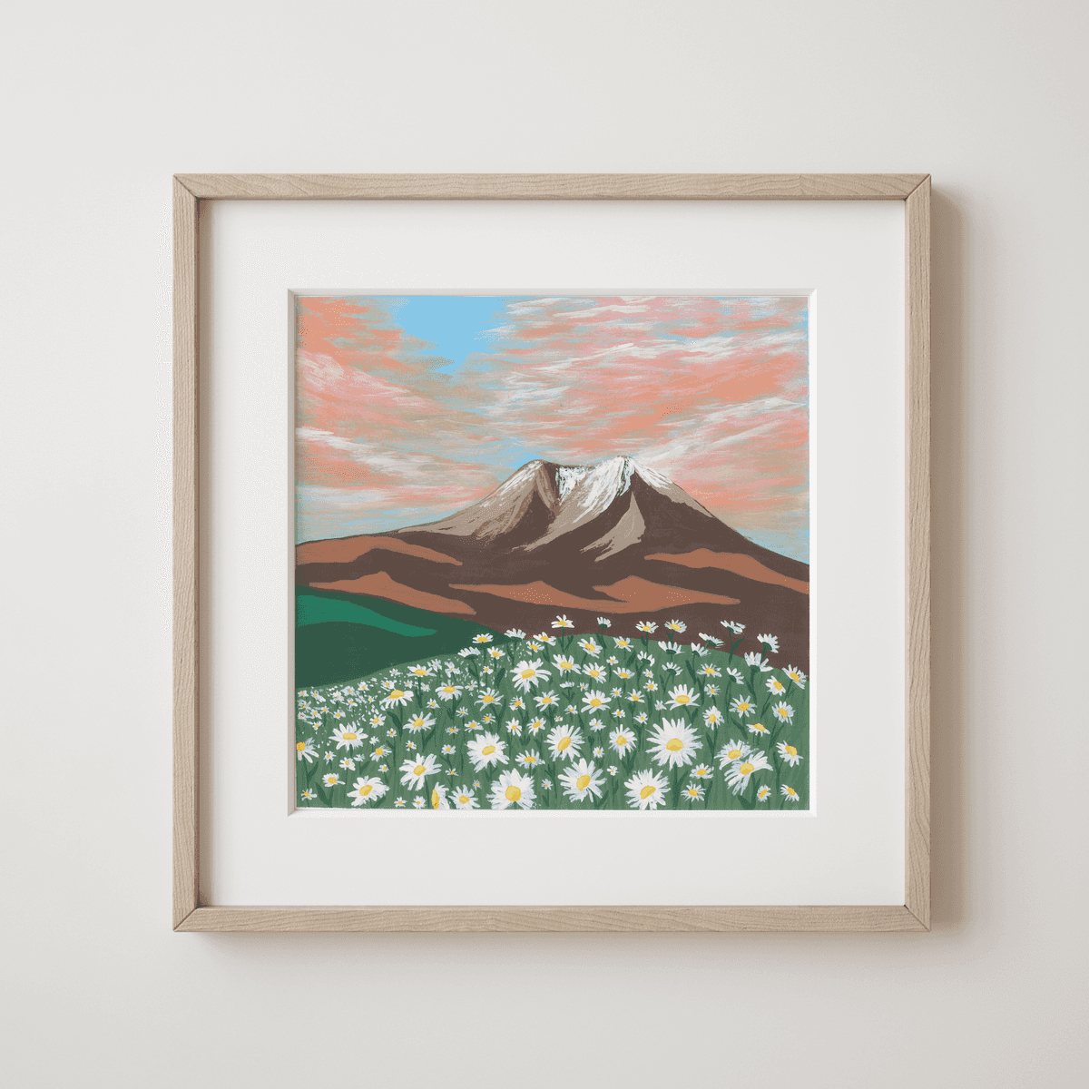 Dawn Chorus Birdsong in a Coniferous Forest - Sunset Glow over Snow-Capped Peak and Daisy Field Fine Art Print - nature soundscape art - earth.fm