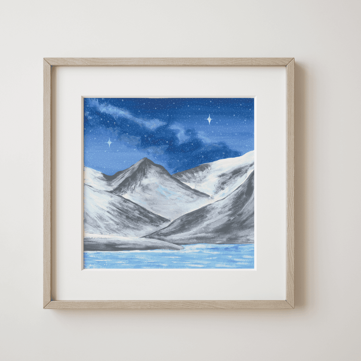 Groaning Iceberg - Starry Night's Embrace on Snowy Peaks and Icy River Fine Art Print - earth.fm