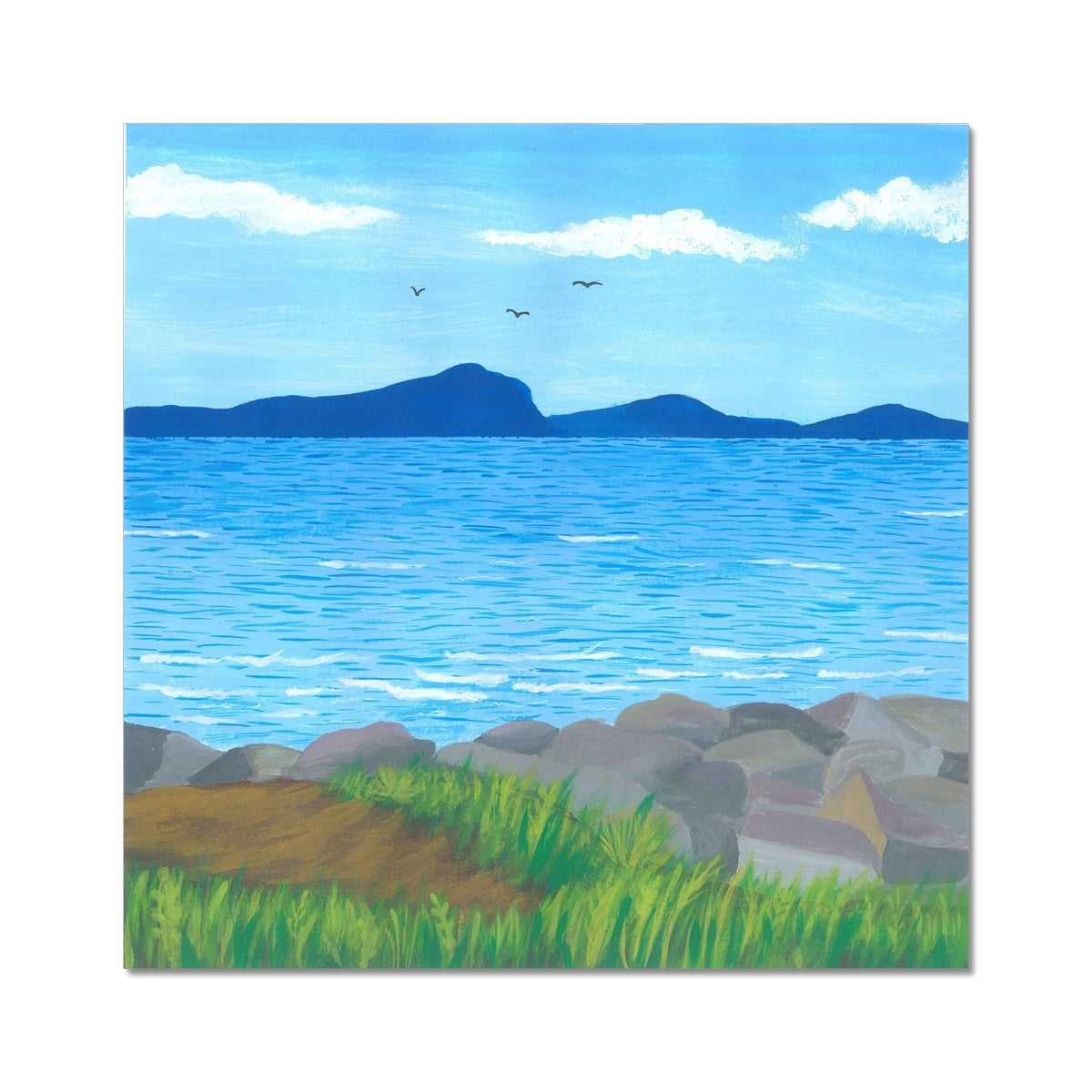Gentle Ocean Waves on Rocks - Seaside Calm with Distant Hills and Flying Birds Fine Art Print - nature soundscape art - earth.fm