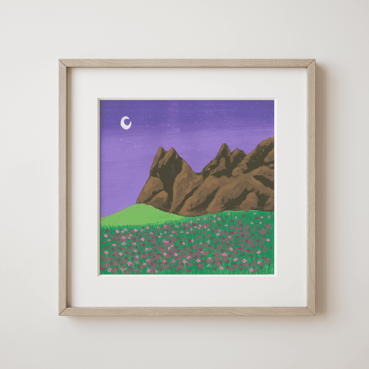 Mountain Meadow - Moonlit Night Whisper over Blossoming Meadow and Peaks Fine Art Print - nature soundscape art - earth.fm