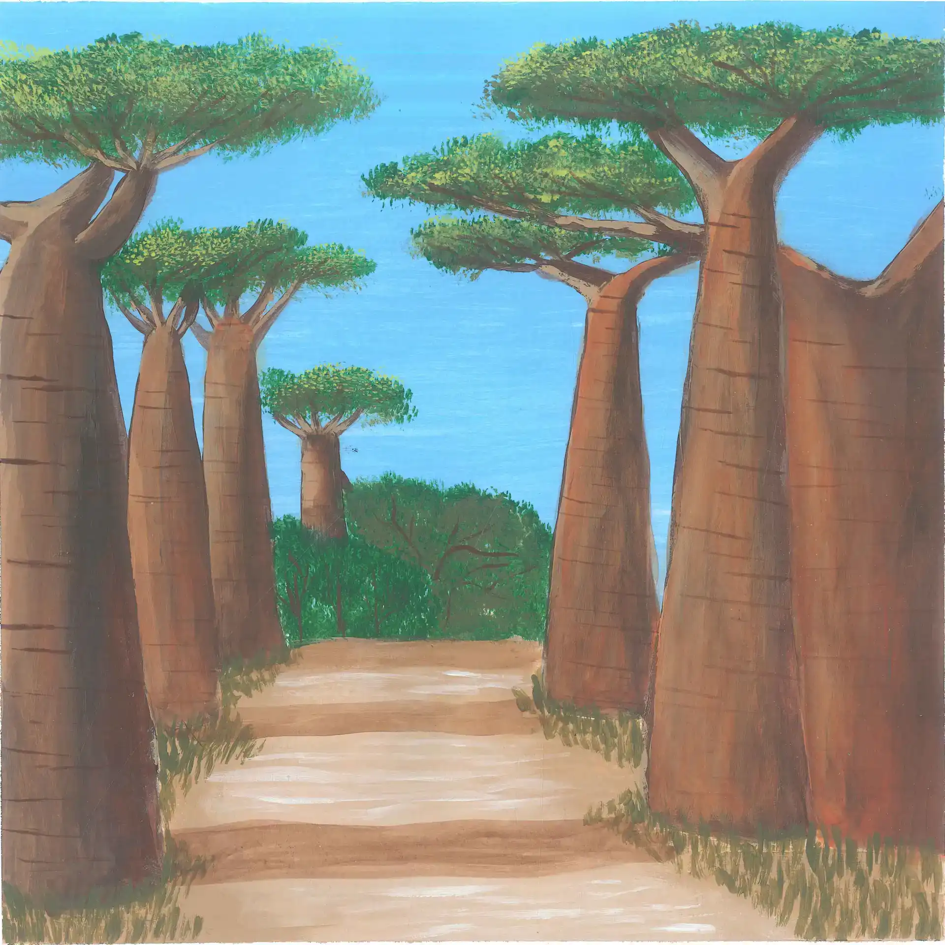Parakeets Territory Under a Baobab - nature landscape painting - earth.fm