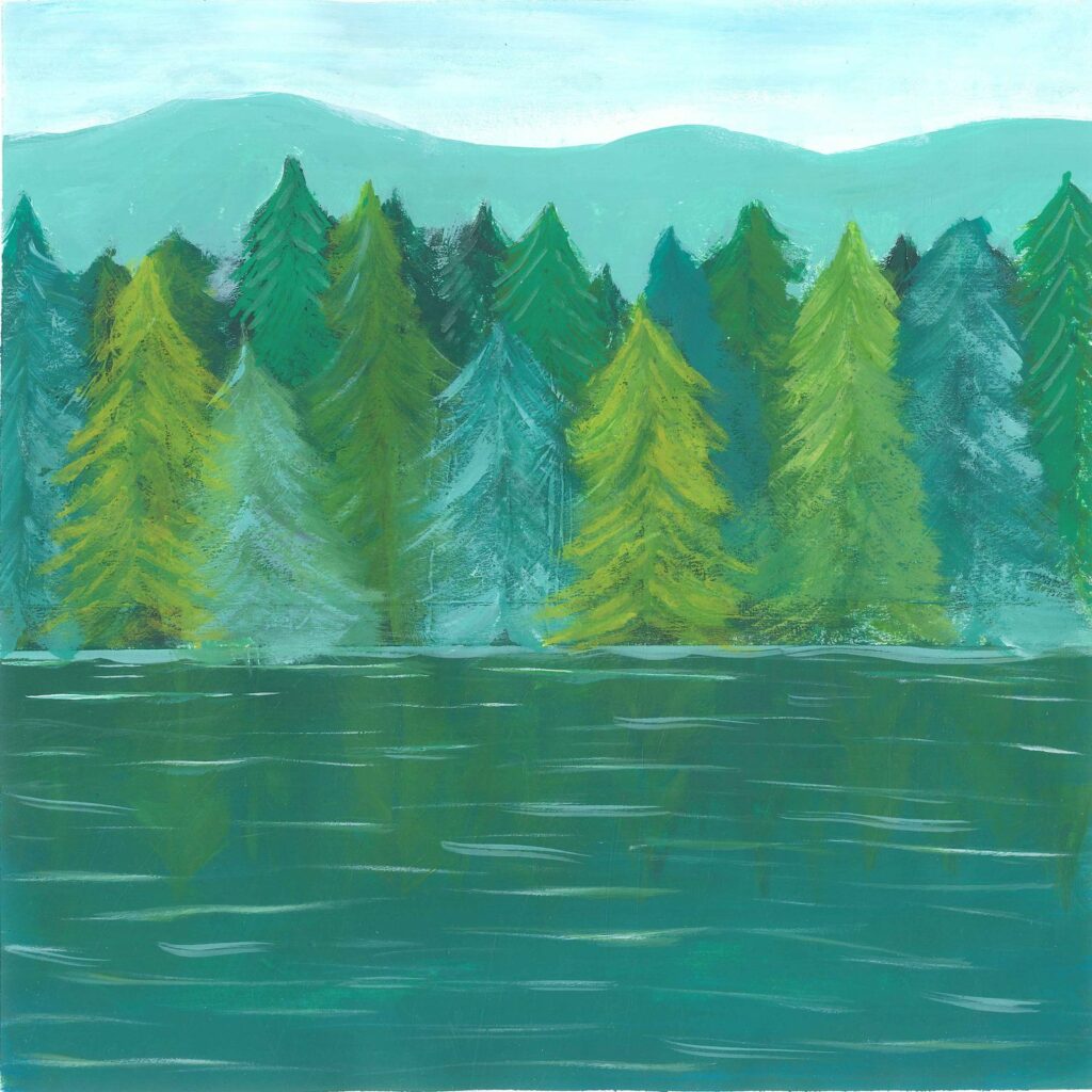 illustration of general tall pine trees by a big lake